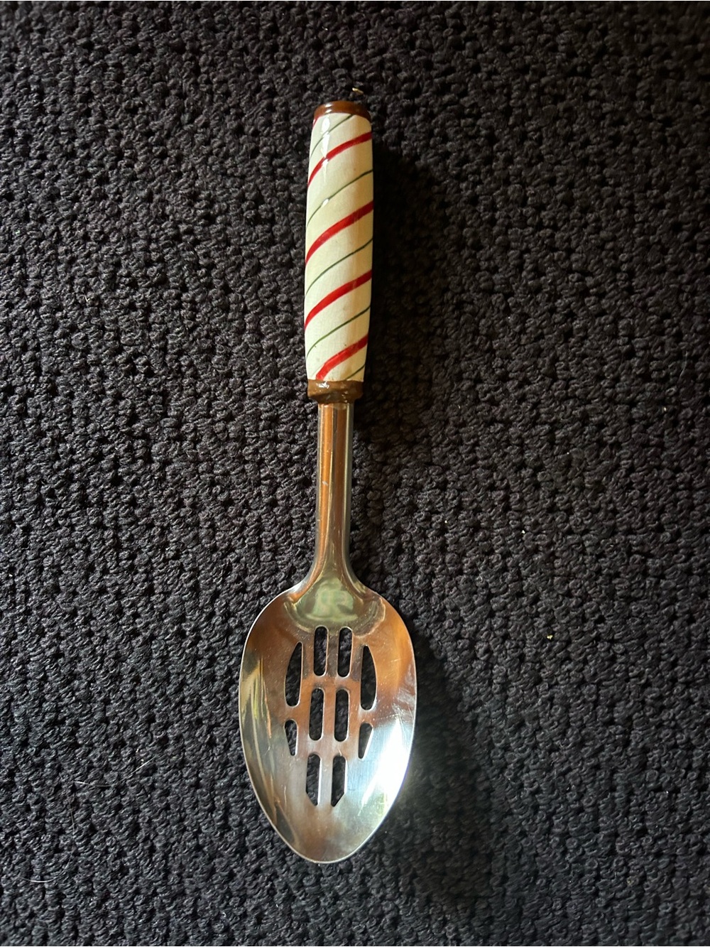 Ceramic-Handled Slotted Serving Spoon - Cream with Red and Green Stripe